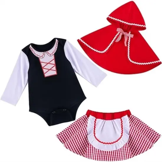 Joyfy Toddler's Little Red Riding Hood Costume Halloween - Little Red Riding Hood Costume with Hood Bodysuit Cape&Skirt Set for Baby Girls image {1}