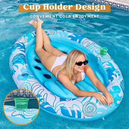 Joyfy Pool Floats Lounger, Inflatable Pool Floaties for Adults Floaty Chair with Cup Holders & Backrest for Tanning Water Party, Tropical Leaves image {2}