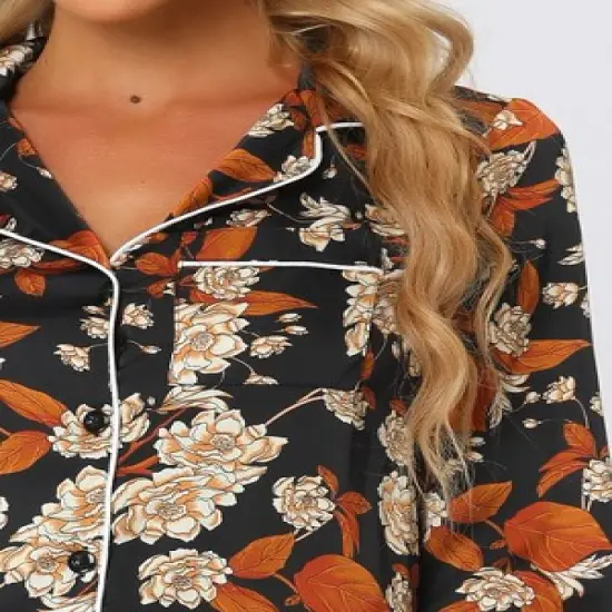 cheibear Women's Satin Floral Button Down Long Sleeve Lounge Set 2 Pcs image {3}