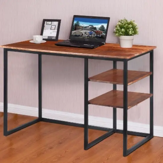 45" Tubular Metal Frame Desk with Wooden Top and 2 Side Shelves Brown/Black - The Urban Port image {3}