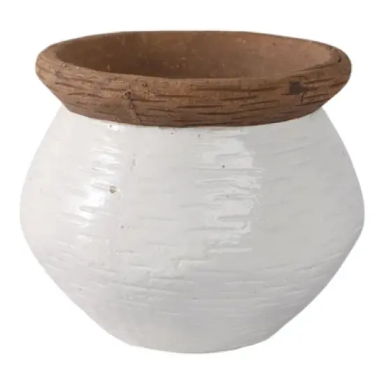 Modern Ceramic Flower Pot and Planter - Indoor and Outdoor Use - Earthy Decorative Accent for Room, Garden, Patio, or Entryway Decor - 7" White & Tan image {2}