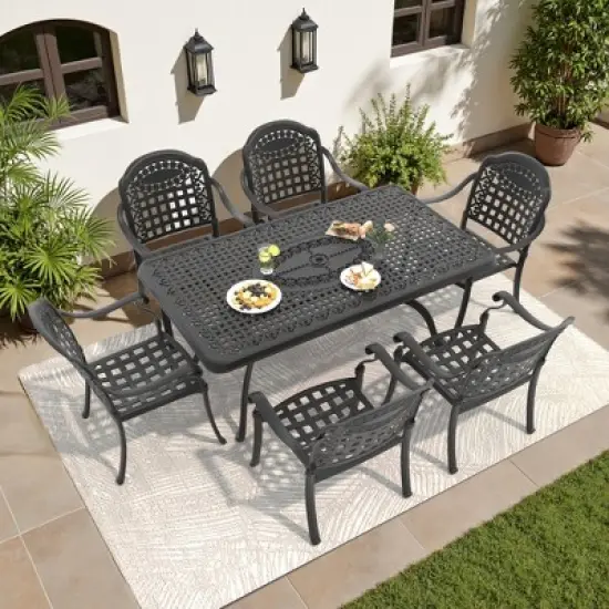 7-Piece Cast Aluminum Outdoor Dining Set with Blue Cushions, Rectangle Table & Stackable Chairs - for Patio, Backyard image {1}