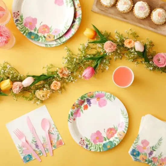 144 Piece Watercolor Tea Party Supplies with Pink Floral Paper Plates, Napkins, Cups, and Cutlery, Disposable Tableware Set, Serves 24 image {1}