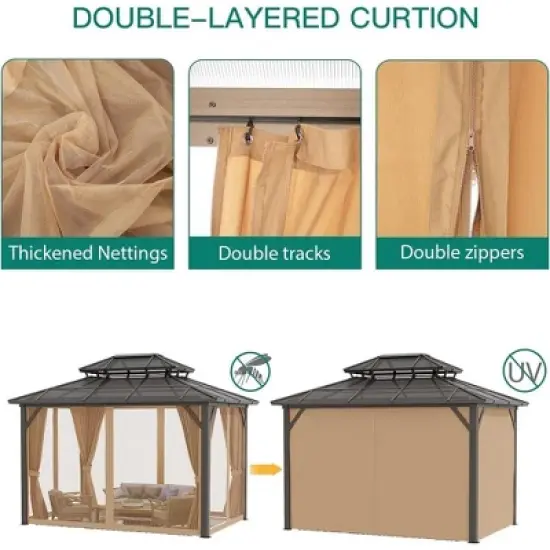 Hardtop Gazebo Outdoor Double Roof Canopy with Curtains & Netting image {5}