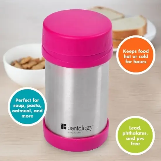 Bentology Stainless Steel Vacuum Insulated Food Jar - 17 oz Pink - Large Lunch Jar for Soup and more - Contains No Phthalates, BPA, or PVC image {4}