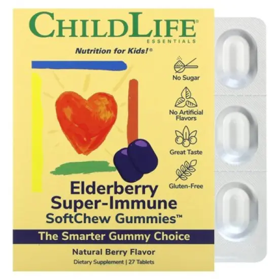 ChildLife Essentials Kids, Elderberry Super-Immune SoftChew Gummies, Natural Berry, 27 Tablets image {5}