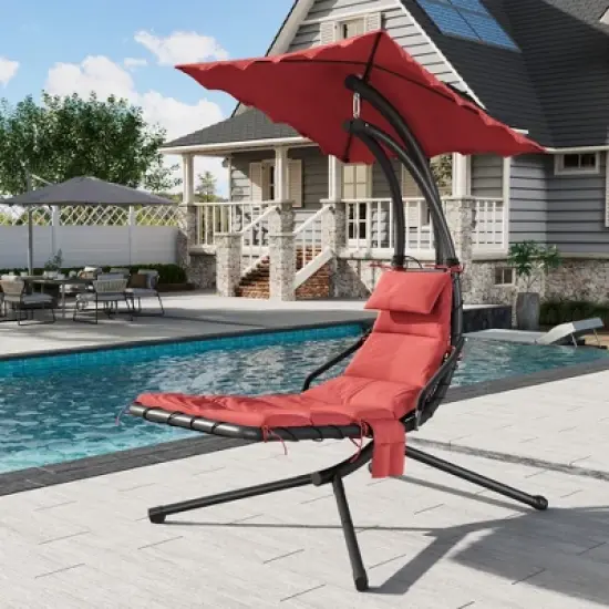 Chaise Lounger Swing Chair with Umbrella Canopy, Patio Hanging Chaise Lounger Chair with Stand, Curved Steel Outdoor Lounge Chairs for Indoor, Outdoor image {8}