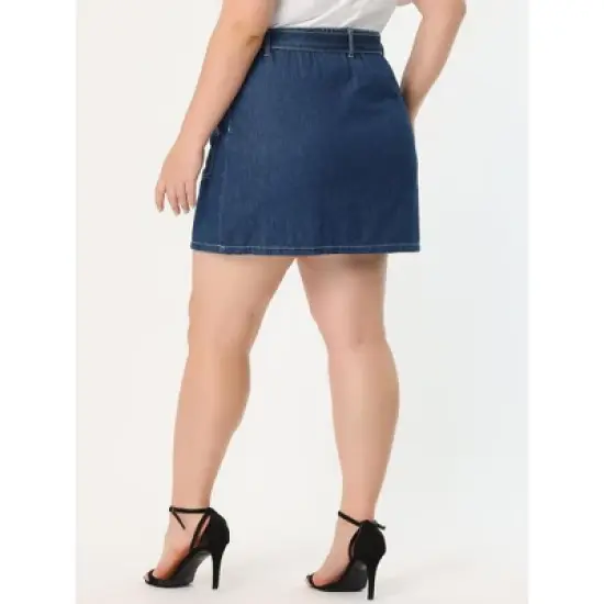 Agnes Orinda Women's Plus Size Denim Detachable Tie Button Front Mini Skirts with Pocket image {3}