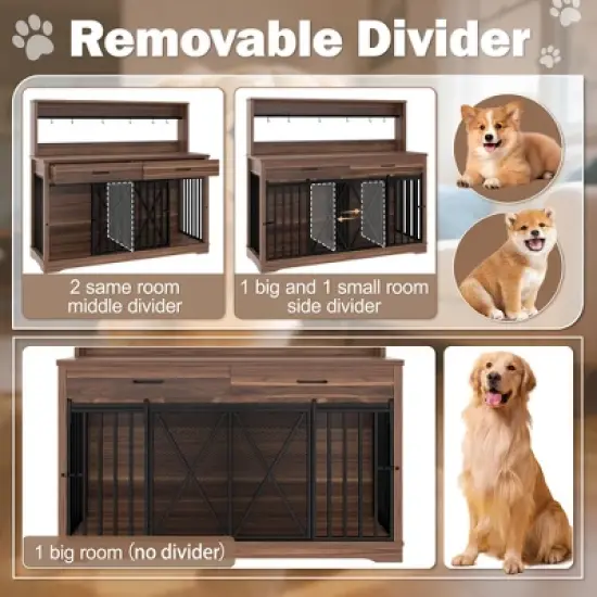 Dog Crate Furniture for Large or 2 Medium Dogs, Heavy Duty Dog Cage Table with 2 Storage Drawers and Shelves,for 2 Dogs with Divider Locks image {4}