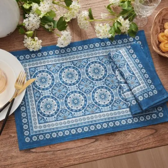 Vietri Medallion Blue Block Print Stain & Water Resistant Indoor/Outdoor Placemats, Set of 4 - Multicolor - 13x19 - Elrene Home Fashions image {1}