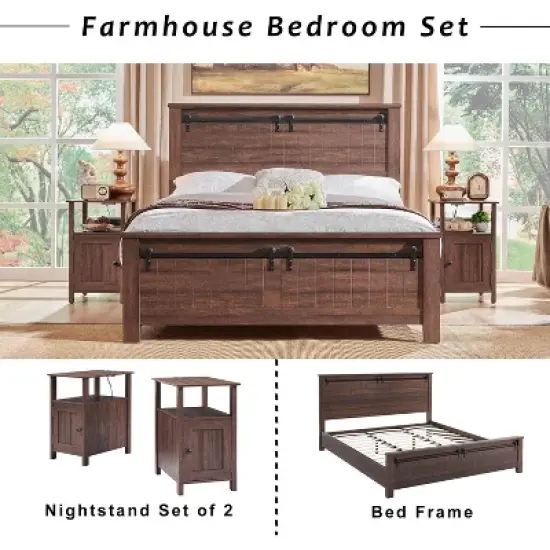 SinCiDo Farmhouse Set of 2 Nightstands w/Charging Station, Wood End Table with Barn Door & Open Shelves for Bedroom, Living Room image {5}