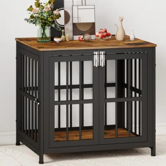 XBRIGH 26in Dog Crate with Lock & Double Door, Wooden Kennel End Table for Small/Medium Dogs, Aged Black image {6}