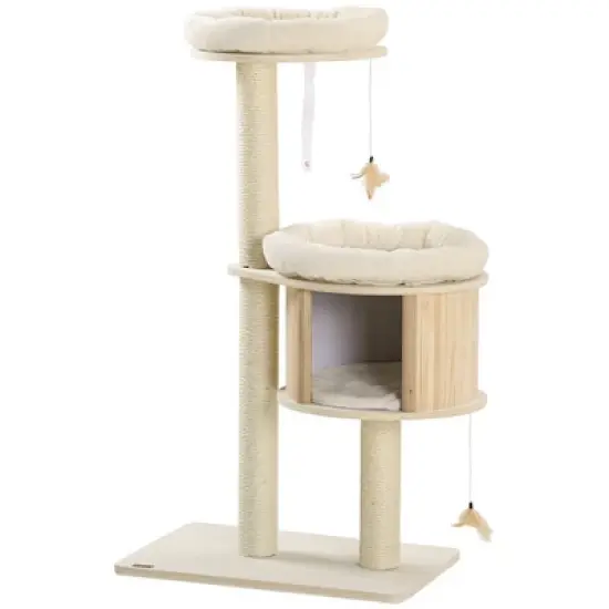 PawHut 3-Level Cat Tree with Sisal Scratching Posts, Fun Cat Badminton Toy for Playing, Soft Cushions, & Play Areas image {3}