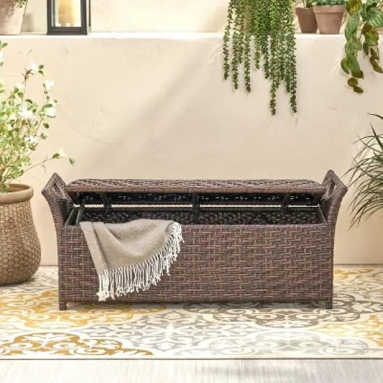 GDFStudio Ridgefield Outdoor Wicker Storage Bench with Handles, Multibrown image {1}