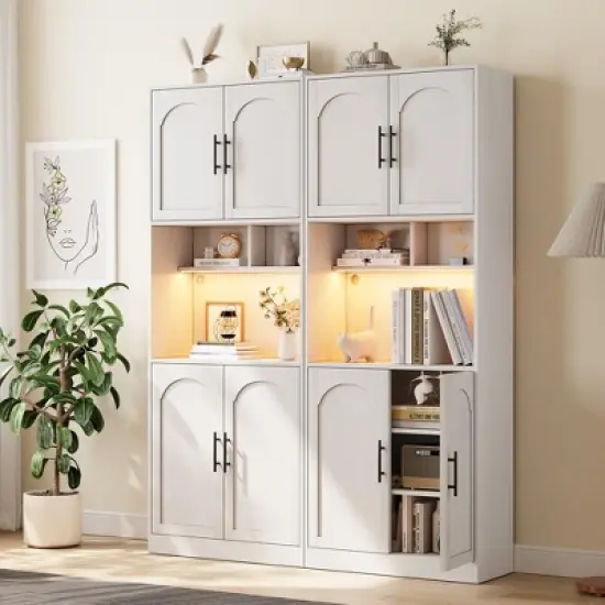 Garvee Kitchen Pantry Cabinet with RGB Light, Tall Kitchen Hutch Bar Cabinet with Microwave Stand, Wood Storage Cabinet for Dining Room, White image {2}