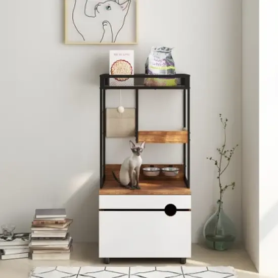 Lyngins Cat Tree with Litter Box Enclosure,Cat Tower with Cat Cabinet for Indoor Cats,Cat Furniture,Brown image {5}