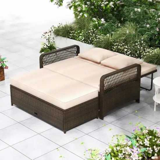 Tangkula Patio Rattan Daybed Wicker Loveseat Sofa w/ Multifunctional Ottoman image {2}