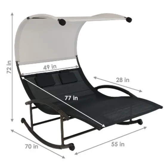 Sunnydaze Outdoor Double Chaise Lounge Bed with Canopy Shade and Headrest Pillows, Black image {2}