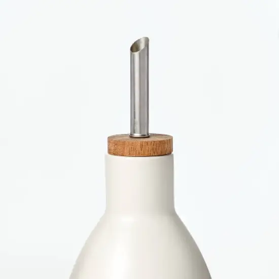 Ceramic Vinegar Pour Bottle Cream - Figmint&trade;: Stoneware Oil Dispenser, Stainless Steel & Wood Lid, 18.7oz Capacity image {2}