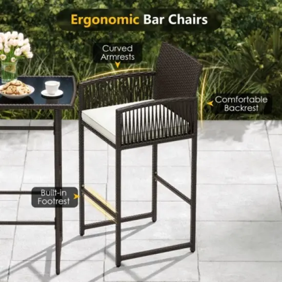 Costway 3 PCS Patio Bar Set Wicker Table & Armchairs with  2 Cushions & Glass Tabletop image {6}