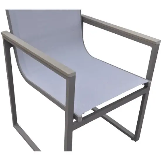 Outdoor Patio Dining Chair in Gray Powder Coated Finish with Gray Sling Textilene and Gray Wood Accent Arms - Set of 2 image {4}