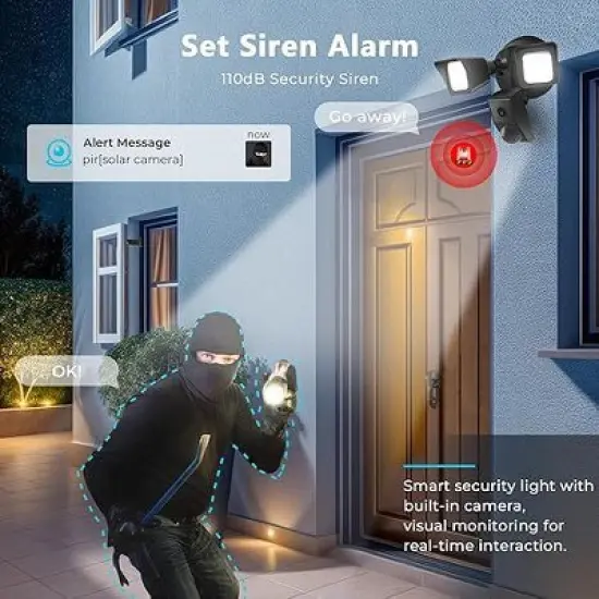 R.W.FLAME Floodlight Camera,  2300LM LED, 2K HD, 2-Way Audio, IP65, 110dB Siren, Night Vision, Cloud & Local Storage image {3}