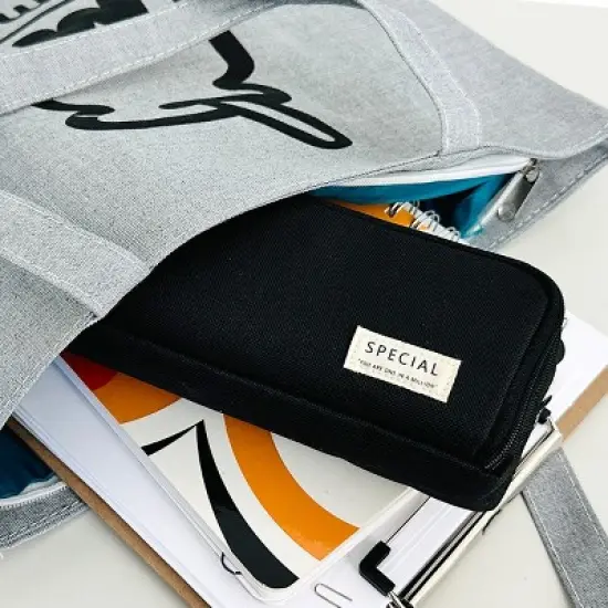 Wrapables Large Capacity Pencil Case, 3 Compartment Pencil Pouch for Stationery Pens, Black image {5}