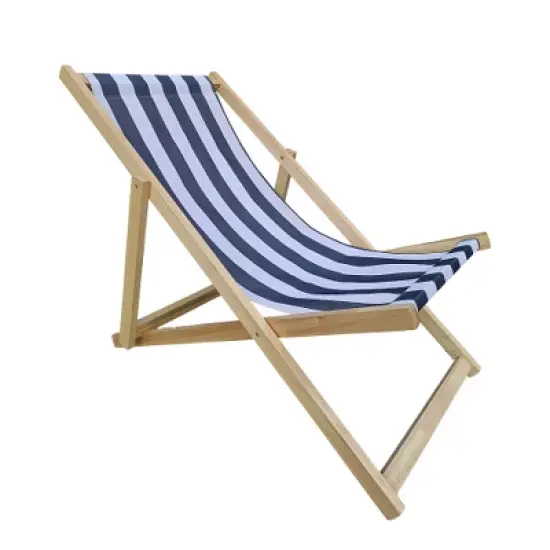 TIRAMISUBEST Dark Blue Striped Folding Chaise Lounge Chair with Poplar Wood Frame - Outdoor Sling Chair for Patio, Pool & Beach image {5}