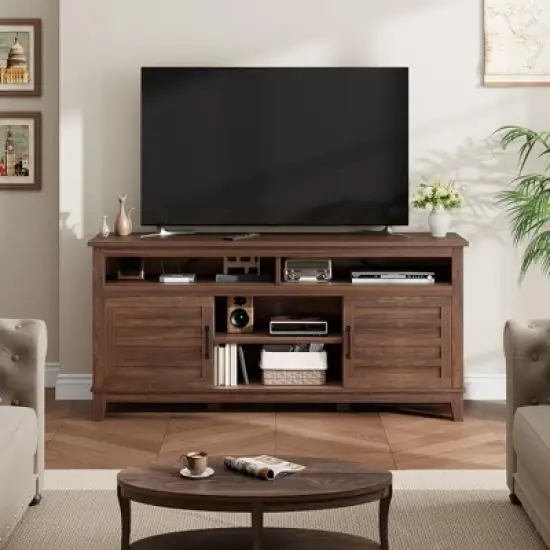 65" TV Stand Entertainment Center with Adjustable Shelves & 8 Storage Compartments, Semi-Open Double Door Cabinet for Living Room, Bedroom image {7}
