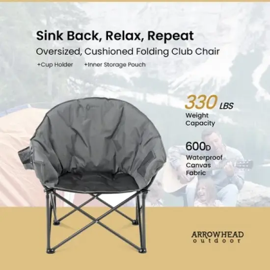 Arrowhead Outdoor Oversized Heavy-Duty Club Folding Camping Chair w/External Pocket, Cup Holder, Portable, Padded, Moon, Round, Bag (Granite Grey) image {1}