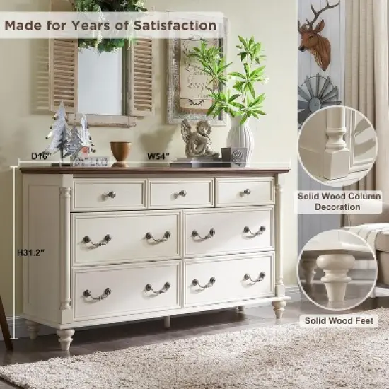 Farmhouse 7 Drawers Dresser for Bedroom with 4 Solid Wood Feet & Column Decor & Metal Slide, Storage Dressers for Bedroom image {2}