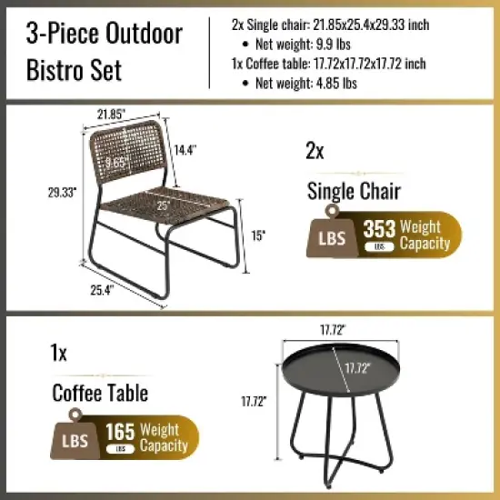 All-Weather Wicker Patio Conversation Set with Coffee Table, Steel Frame Outdoor Patio Small Space Chat Sets - The Pop Home image {4}