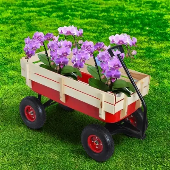 FURNIinspire Wheelbarrows And Lawn Carts Outdoor Sport Wagon Tools Cart Wooden Side Panels Air Tires Wagon, Garden Cart With Handle, Red, 39&ldquo;*16"*20" image {1}