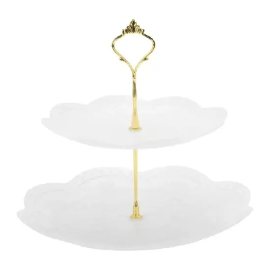 Unique Bargains 2 Tier Dessert Cupcake Stand Round Cup Cake Holder Tower White Gold Tone image {6}