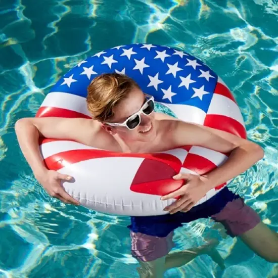 Swimline 90196 Round 36 Inch Inflatable Patriotic American Flag Swimming Pool or Lake Tube Lounger Water Float for Kids and Adults, Red, White, Blue image {4}