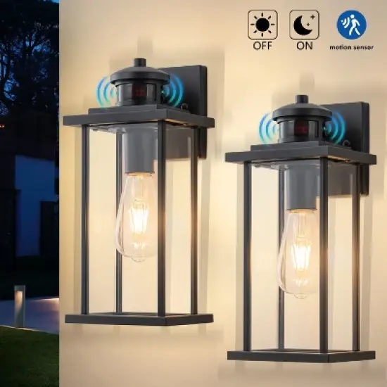 C Cattleya 2 Pack Motion Sensor Dusk to Dawn Matte Black Outdoor Wall Lights with Clear Glass Shade image {1}