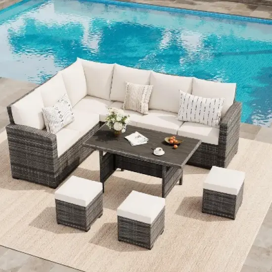 7-Piece Outdoor Patio Furniture Set &ndash; Rattan Chairs with Ottoman & Wood Coffee Table, Wicker Sectional Conversation Sofa in Beige image {7}