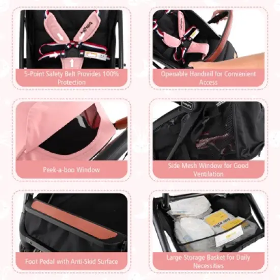 Infans Lightweight Baby Stroller Aluminium Frame w/ Net for Travel Pink image {7}