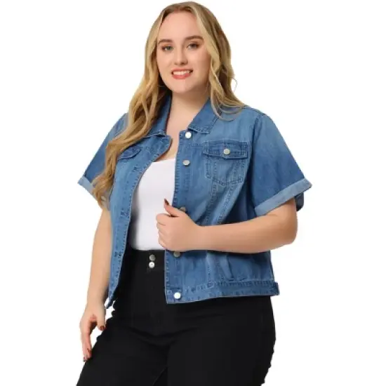 Agnes Orinda Women's Plus Size Denim Button Front Crop Short Sleeve Trucker Jean Jackets image {9}