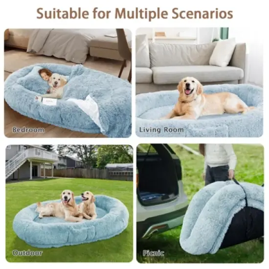 71''x45''x12''  Human Dog Bed Fits Adult 10 CM Thick Memory Foam Washable Oversize Dog Bed with Plump Pillow, Blanket, Strap - Blue image {5}