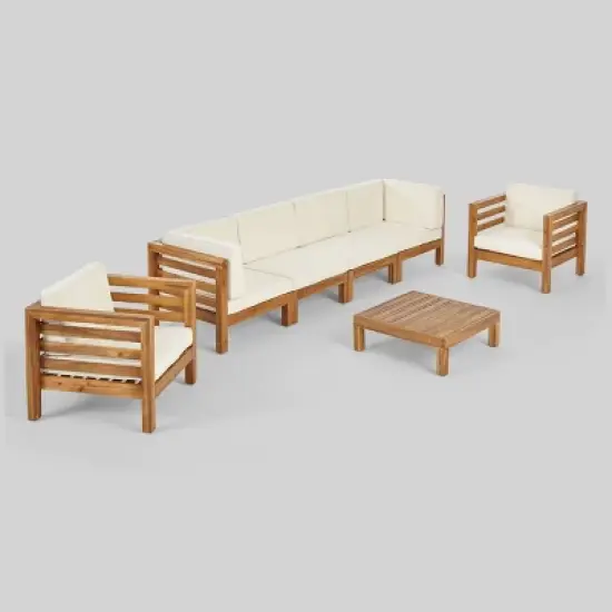 Oana 7pc Acacia Wood Sofa & Coffee Table Chat Set Teak/Beige - Christopher Knight Home image {1}