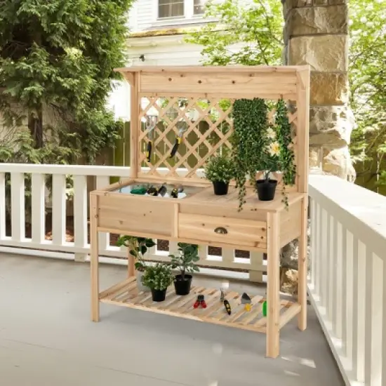 Costway Wood Raised Garden Bed w/ Trellis Elevated Planter Box w/ Storage Shelf and Drawer image {3}