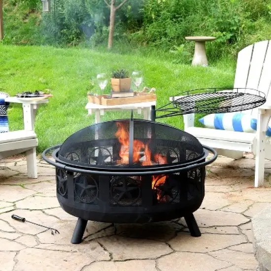 Sunnydaze Outdoor Portable Camping or Backyard Steel Large All Star Fire Pit Bowl with Spark Screen and Cooking Grate - 30" - Black image {1}