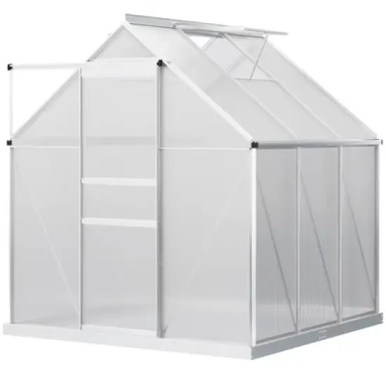 Outsunny Aluminum Greenhouse, Polycarbonate Walk-in Garden Greenhouse Kit with Adjustable Roof Vent, Rain Gutter and Sliding Door for Winter, Silver image {7}
