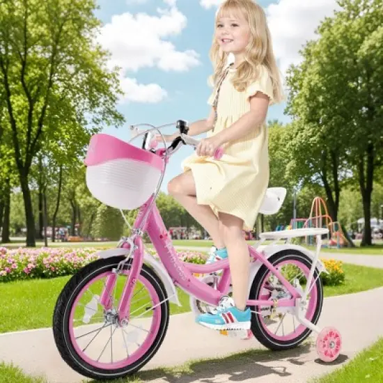 Topteng Girl Children's Bicycle Outdoor Ride-On Bike with Kickstand, Adjustable Seat, and Basket, Pink/Purple image {11}