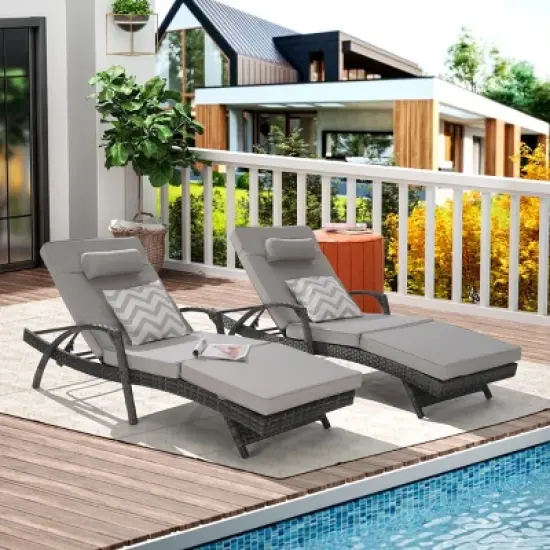Foldable Wicker Outdoor Patio Chaise Lounge Set Of 2,Outdoor Reclining Lounge Chair Recliner Up To 150&deg; With Cushion And Armrest -Maison Boucle image {11}