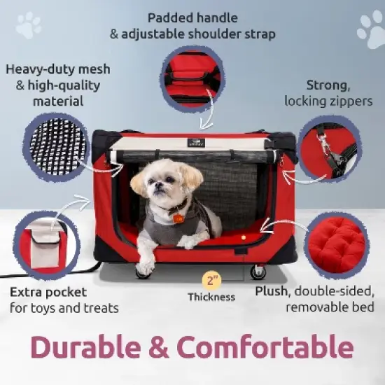 PetLuv Cat & Dog Pull-Along Carrier on Wheels & Rolling Travel Crate, Removable Soft Pillow, Privacy Windows, Locking Zippers, Pocket, Seatbelt Loops image {1}