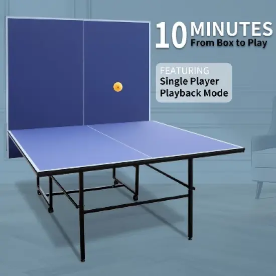 107.87"9ft Mid-Size Table Tennis Table Foldable & Portable Ping Pong Table Set for Indoor Games with Net, 2 Table Tennis Paddles,Blue image {1}