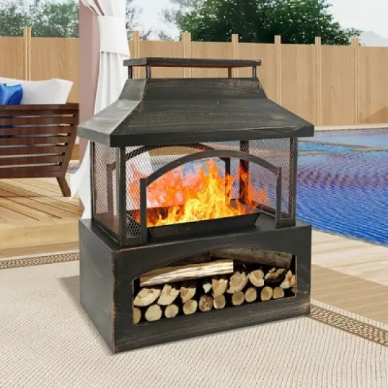 WELLFOR 37" Rectangular Metal Outdoor Fireplace with Built-in Log Storage Bronze image {3}