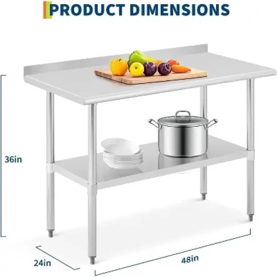 Acekool 24x48 Inch Stainless Steel Prep Table with Backsplash, Adjustable Open Shelf, Easy Clean Surface, Heavy Duty Kitchen Workstation image {1}